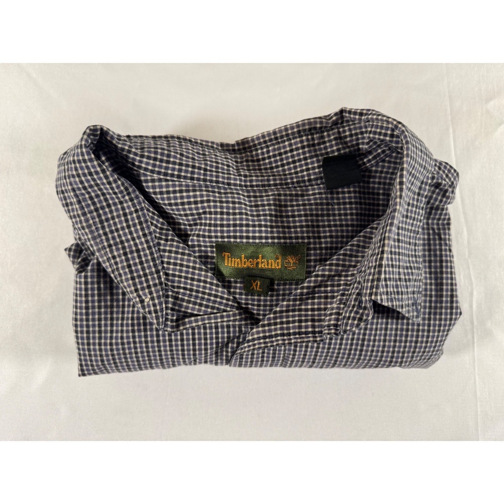 Timberland Mens XL Gingham Button Down Shirt Navy Blue White Long Sleeve Cotton